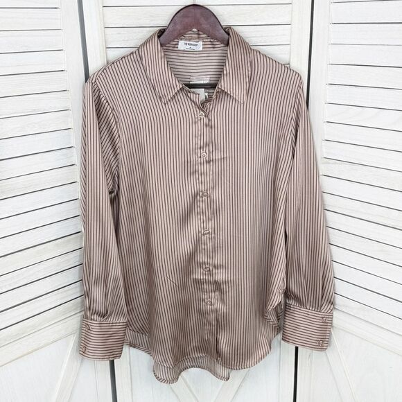 The Workshop Satin Pinstripe Oversized Button Up Shirt Mocha Medium Boyfriend - Picture 10 of 15